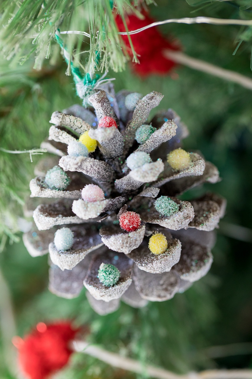 mini pom poms and glitter on snow covered pinecone