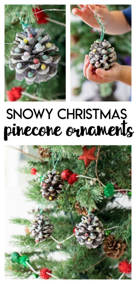 Snowy Pinecone Ornaments: simple kid-friendly pinecone decorations adorned with colorful pom poms, snow spray, and sprinkled with glitter.