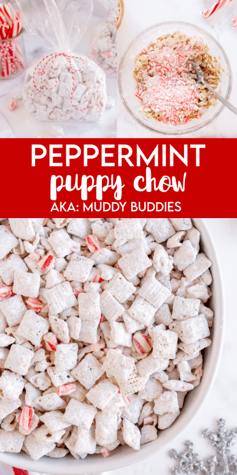 Peppermint Puppy Chow a delicious snack made with white chocolate and candy canes. Perfect to serve at holiday parties or as holiday gifts!