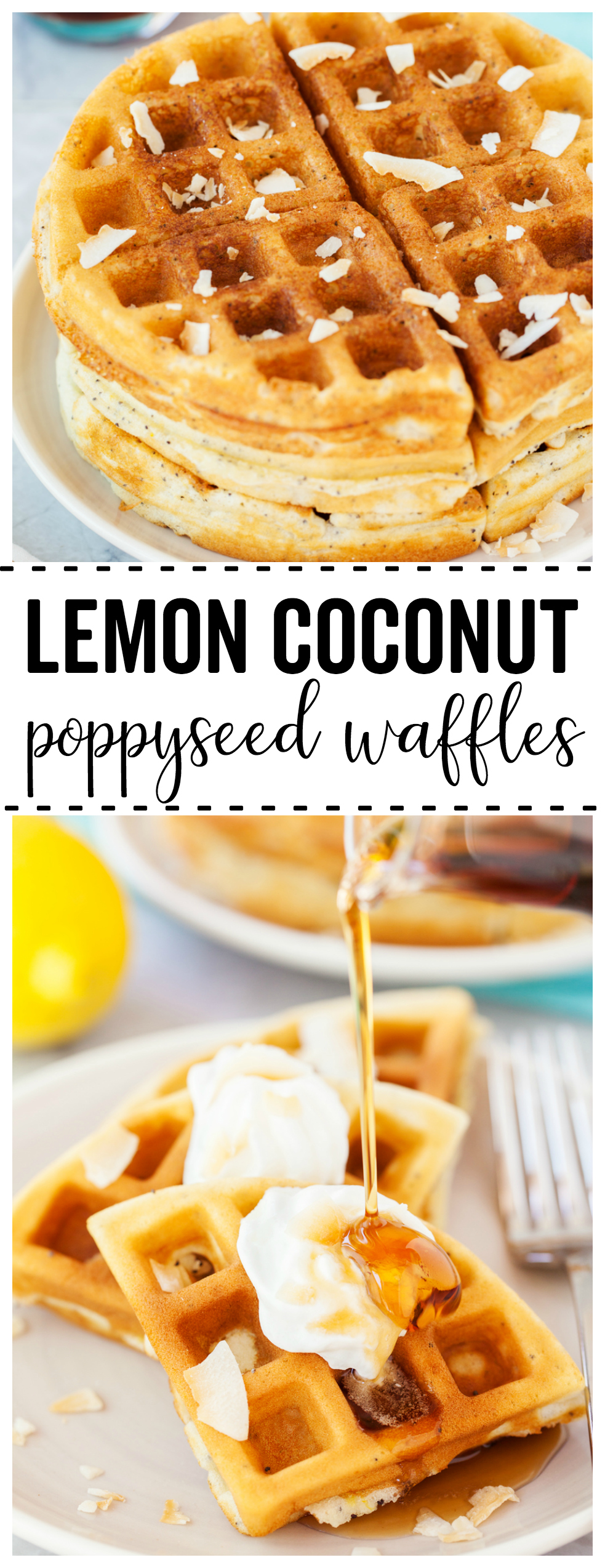  Lemon Coconut Poppyseed Waffles: the perfect blend of sweetness and lemon flavor! These waffles are great for a family breakfast or to serve at a ladies brunch!
