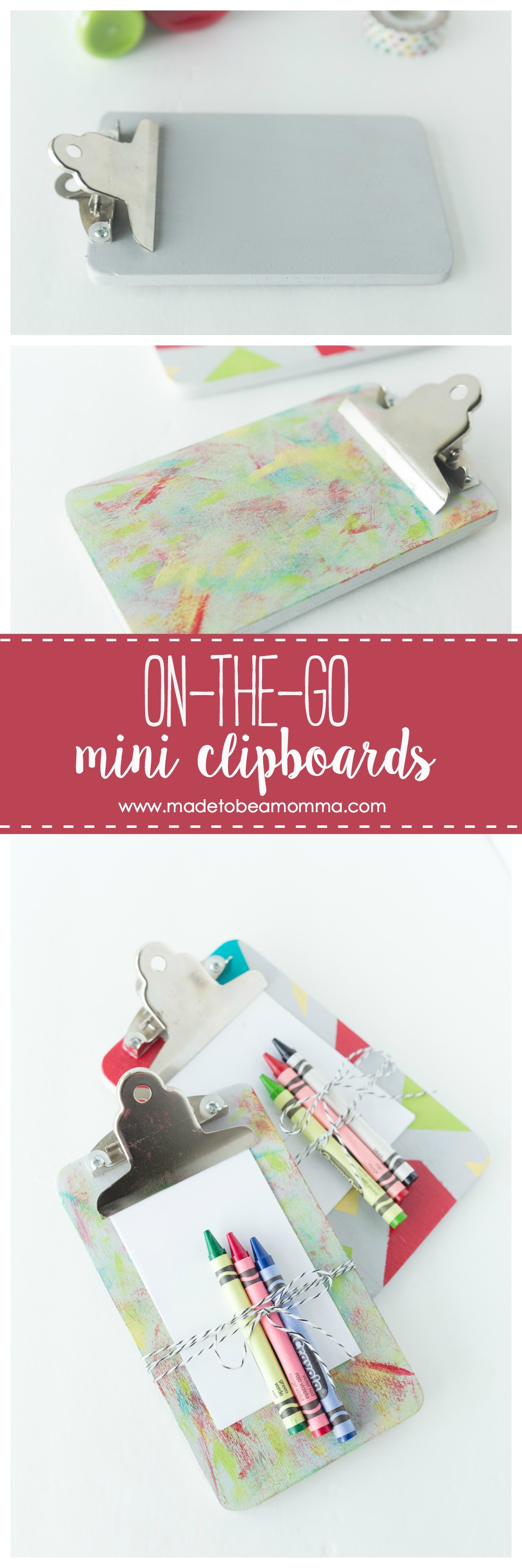 On-the-Go Mini Clipboards: keep your kids busy with their own paper and crayons while on the go. These mini clipboards are perfect for a day full of errands, restaurants and more!