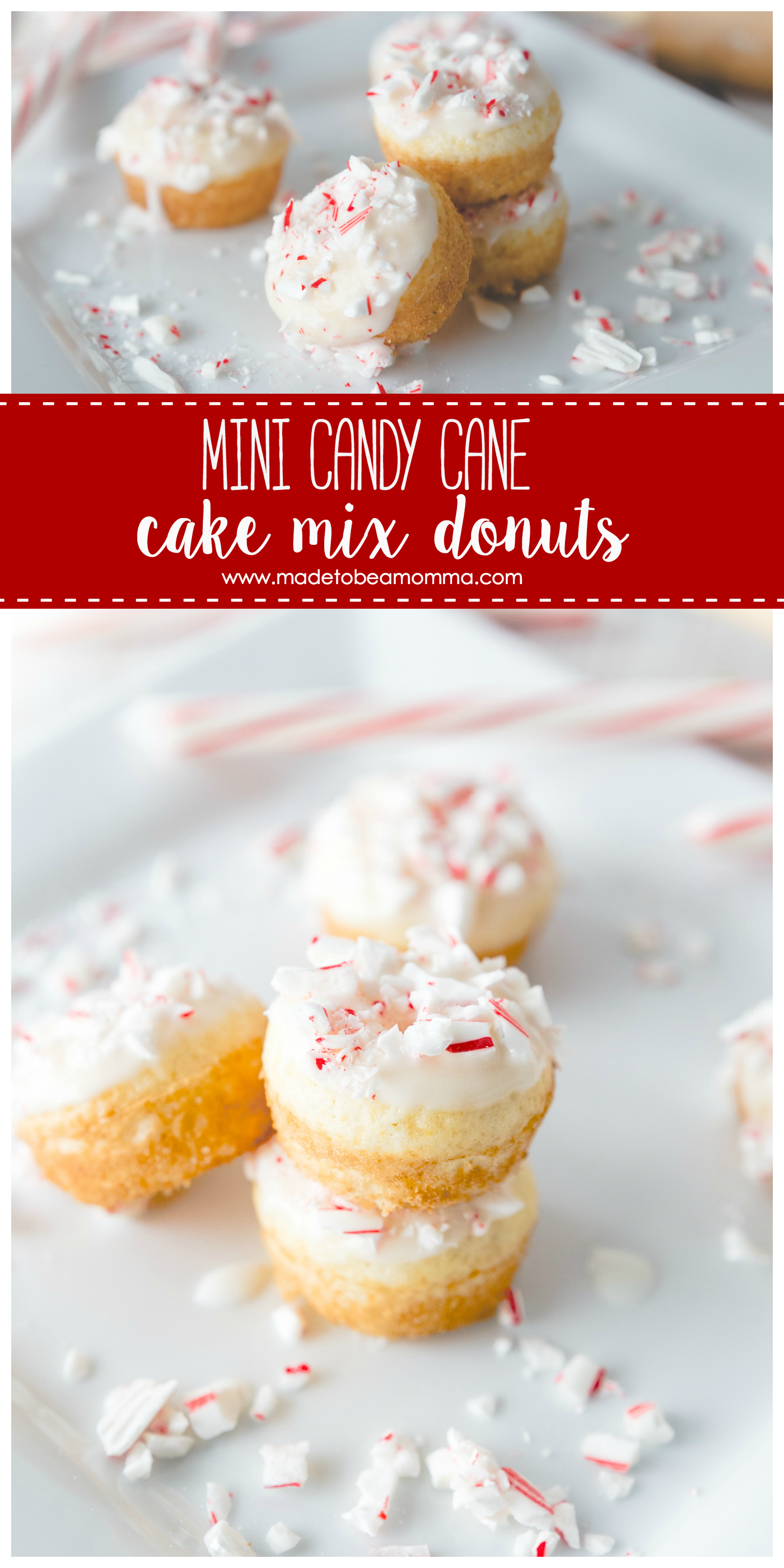 Candy Cane Cake Mix Donuts: delicious and simple donuts made with a cake mix and topped with crushed candy canes for a perfect Christmas treat! 
