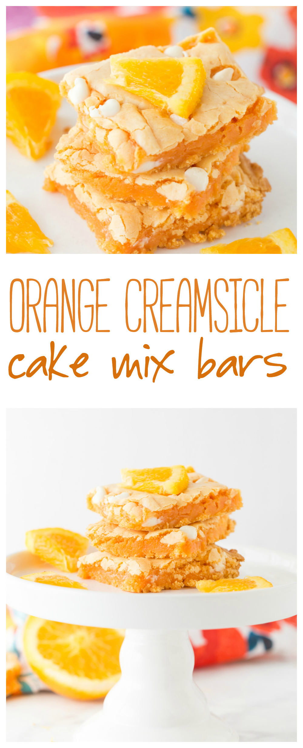 Orange Creamsicle Cake Mix Bars are delicious and bursting with an orange flavor. The white chocolate chips adds the perfect bite of creaminess!