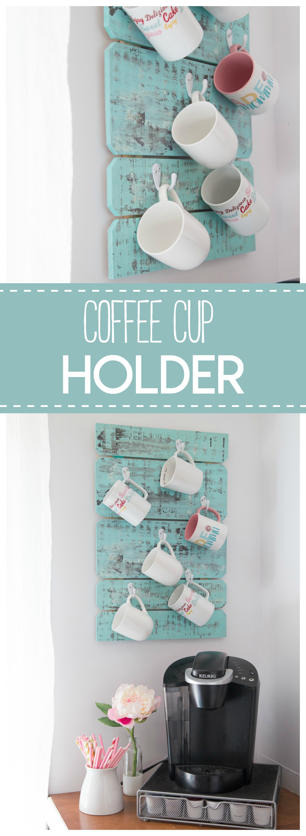 This coffee cup holder is a simple & pretty diy project to organize your coffee mugs. 