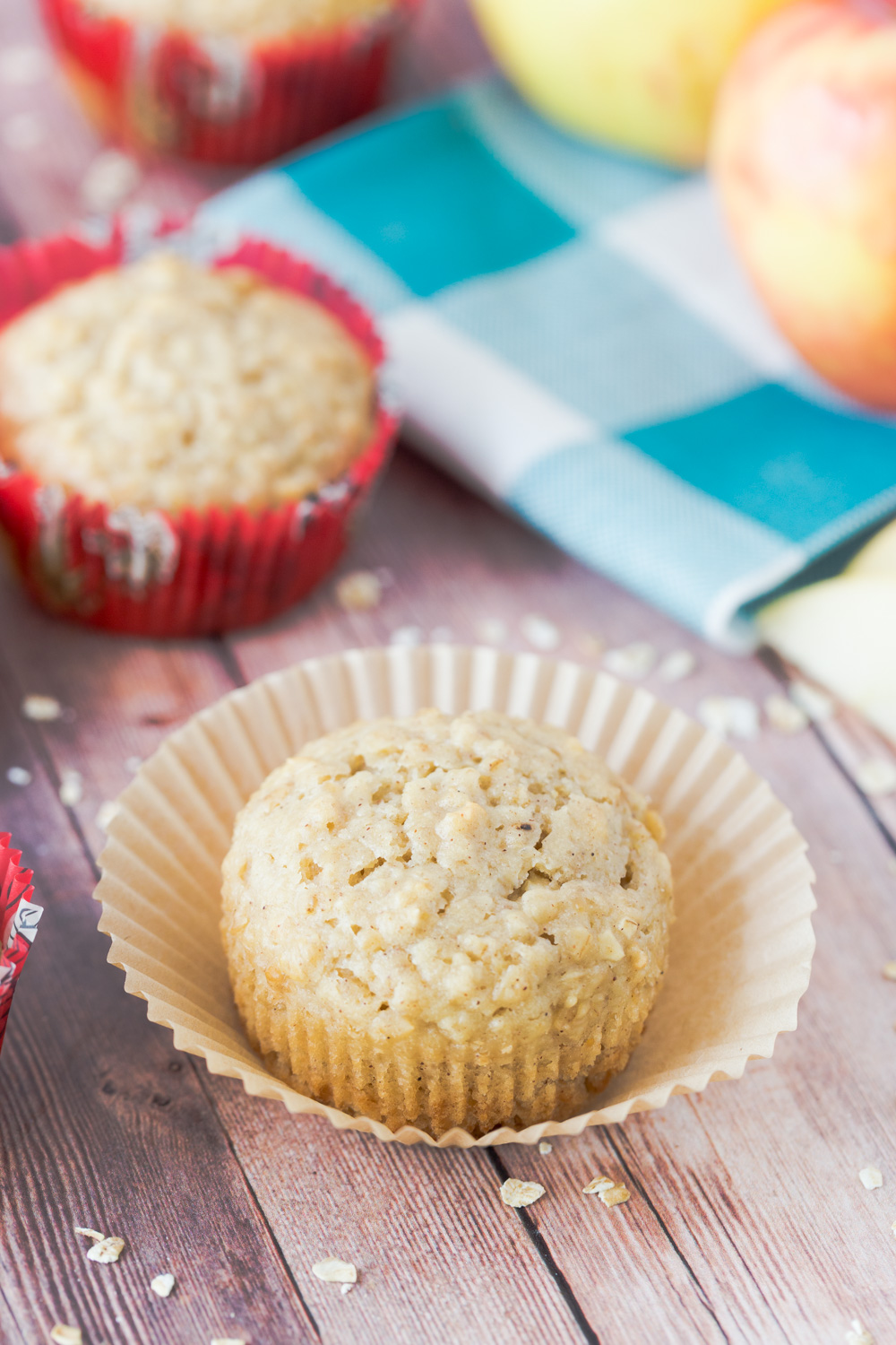 These Oat & Apple Muffins are the perfect breakfast muffin.  They have a touch of sweetness from the honey and apples and a hint of fall with the cinnamon spice.