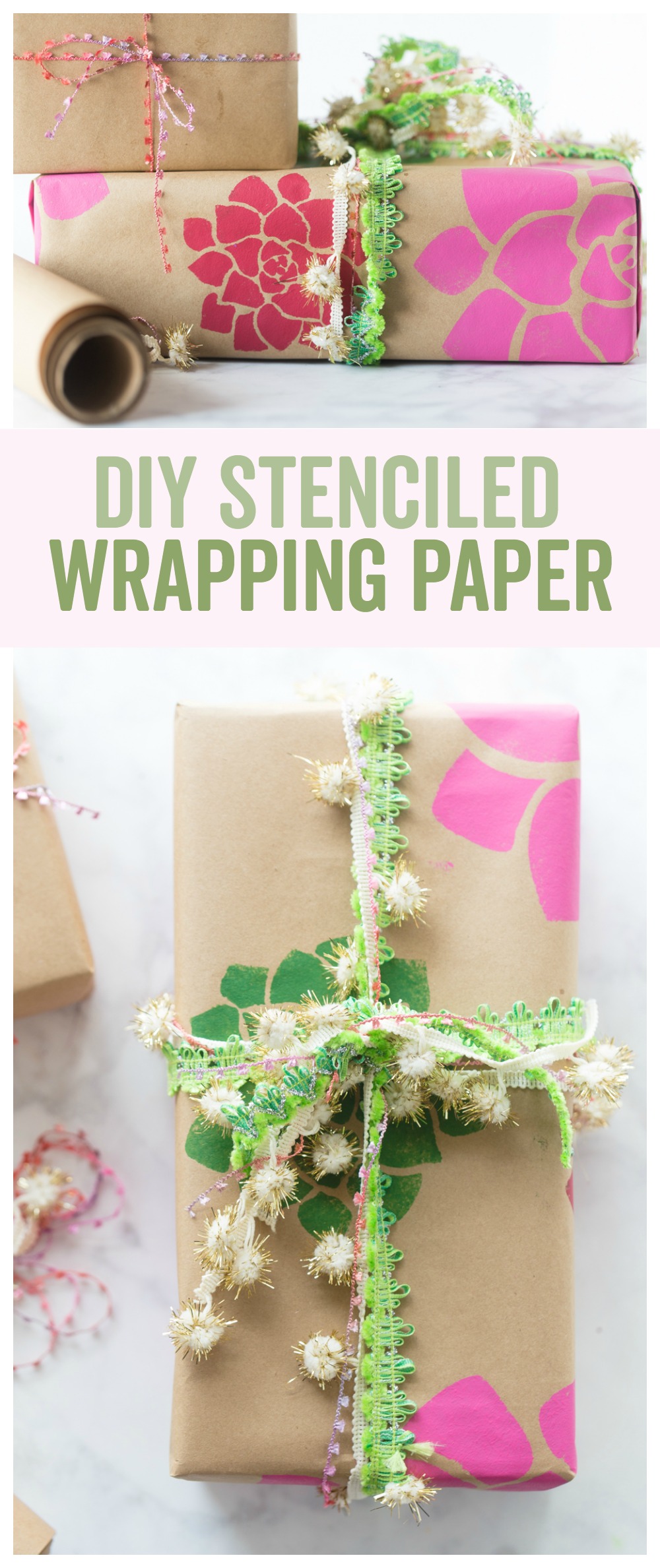 This diy wrapping paper is a fun way to add some personality to your gifts!  You can stencil just about any design on the paper and works great for all seasons and holidays! 