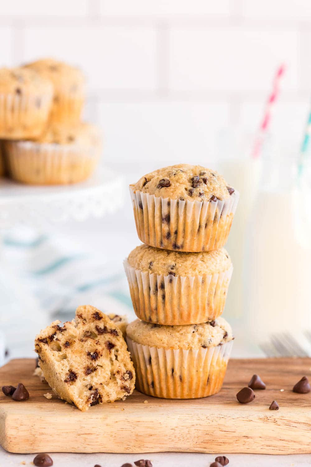 These Chocolate Chip muffins are soft, chocolatey and delicious! They are perfect as a breakfast muffin served with a glass of milk and some scrambled eggs.   