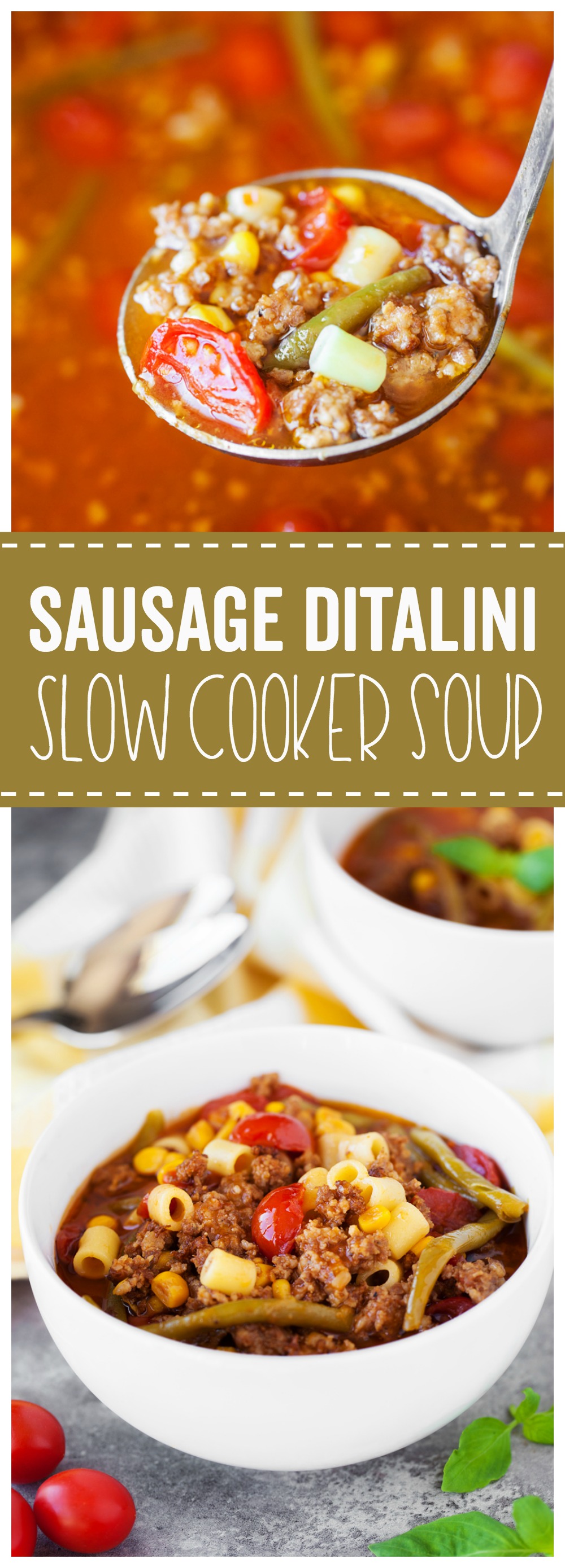 This Slow Cooker Sausage Ditalini soup is full of sausage, tomatoes, green beans and flavor!  It's perfect for the cold winter months!