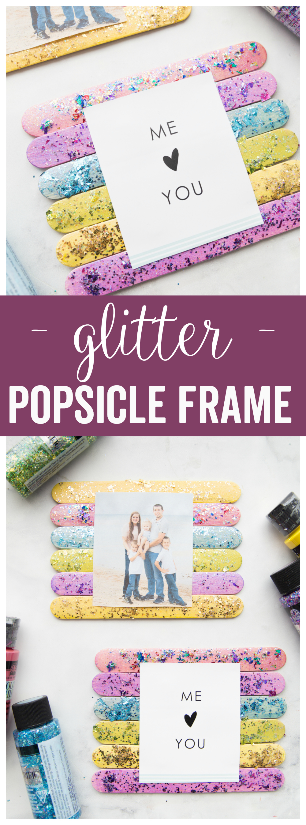 Glitter Popsicle Frames: a colorful and sparkly popsicle stick frame to show off some of your favorite images. 