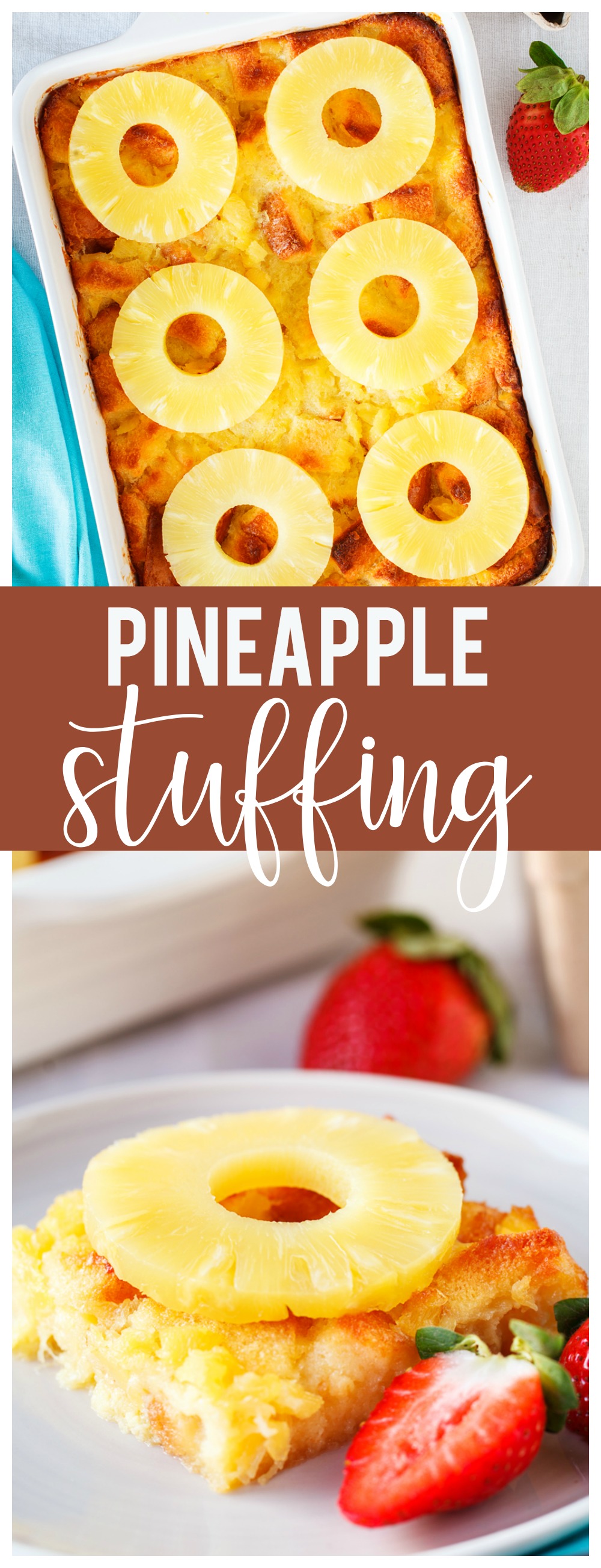 Pineapple Stuffing: a delicious side dish to any gathering! Perfect for Easter or Thanksgiving dinner.  Serve with ham and green beans for a delicious lunch.