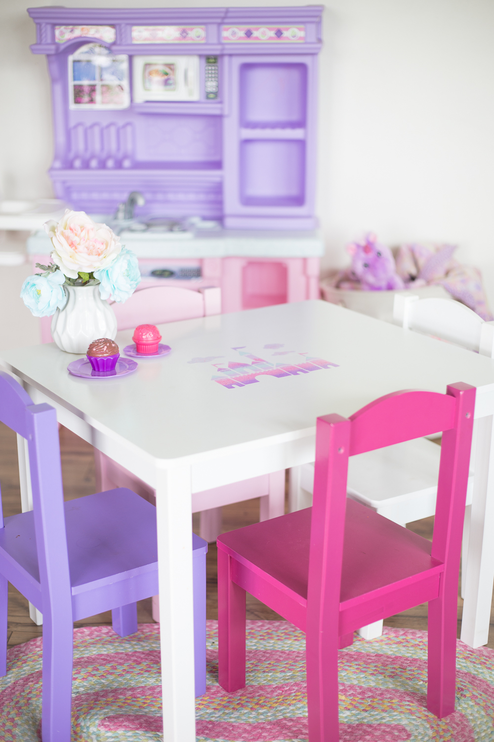 Princess Castle Toddler Desk: a fun and simple princess castle in shades of purples and pinks which is perfect for any little girls room.  The adhesive stencil makes this for a quick afternoon craft.