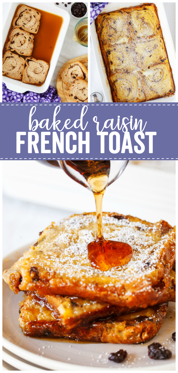 Baked Raisin French Toast: a yummy and simple overnight breakfast french toast.  Use raisin bread for a twist on the classic french bread taste. Serve with eggs and a cup of coffee for a delicious and warm breakfast!