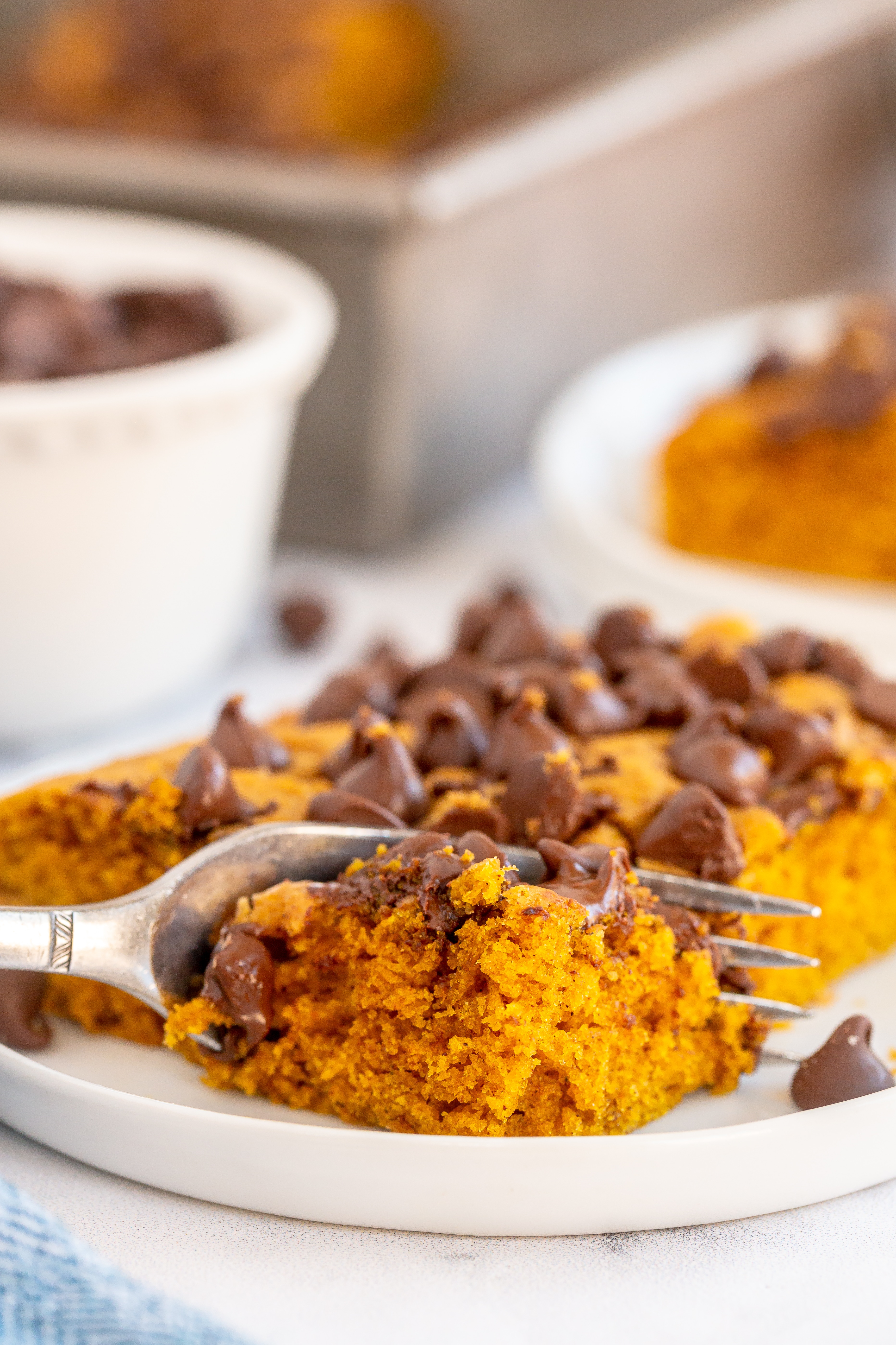 chocolate chip pumpkin bars on serving plate