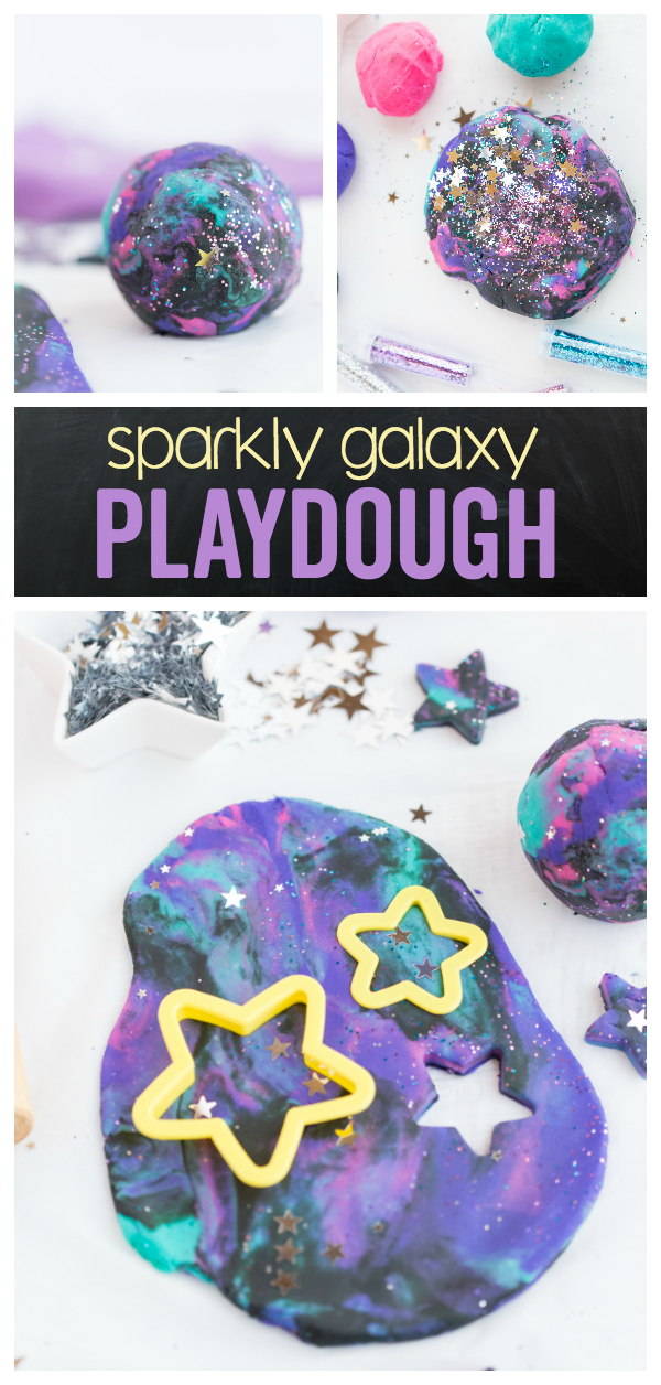 Sparkly Galaxy Playdough: a soft colorful playdough that is perfect for out of this world play!  Shades of pinks, purples, and blue blend together for a galaxy look. Add a touch of stars and glitter for a fun playtime activity. 