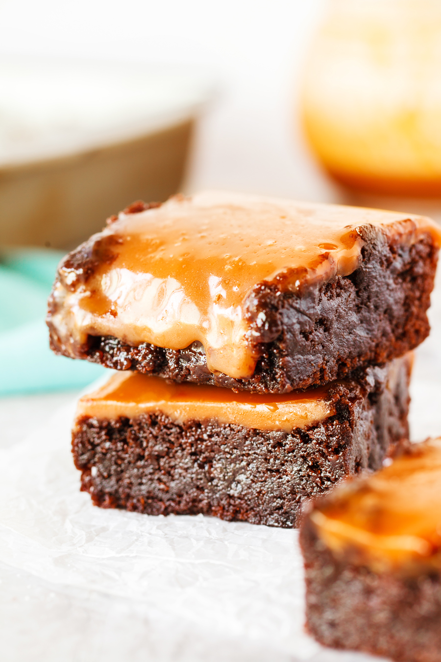 This Caramel Brownies recipe is so simple and delicious!  It starts with a brownie mix and then topped with a delicious homemade caramel sauce.  Add a dash of salt for a salted caramel brownie version. 