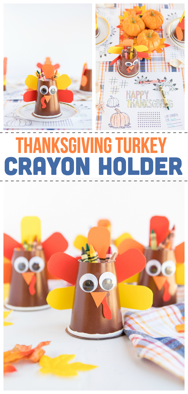 Turkey Crayon Holder: a fun and simple Thanksgiving craft that is perfect to help keep the kids busy during the day.  A bright turkey holds colorful crayons and goes great with some printable coloring and activity pages. 