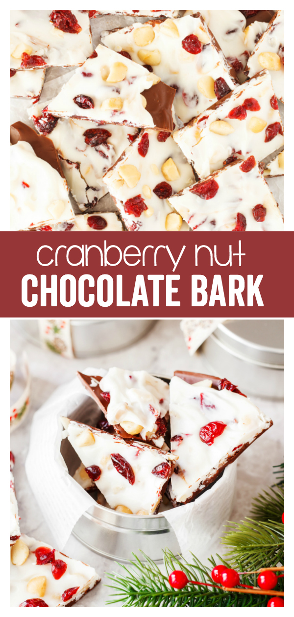 Cranberry Nut Chocolate Bark: a yummy holiday treat perfect for Christmas parties or for gifts.  Layers of chocolate, white chocolate, and cranberries makes this a delicious treat to eat! 