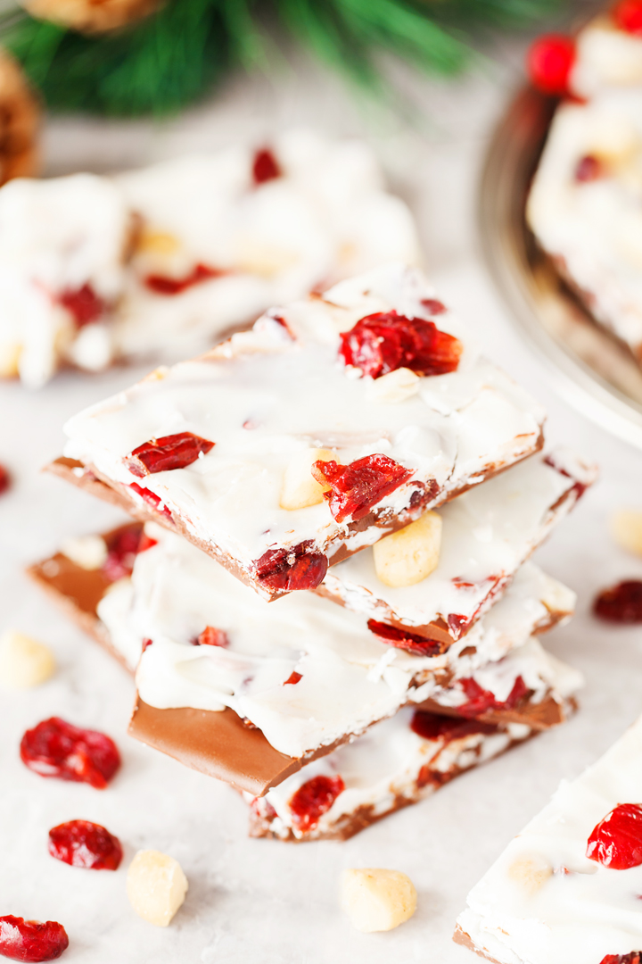 stacked pieces of Cranberry Nut Chocolate Bark