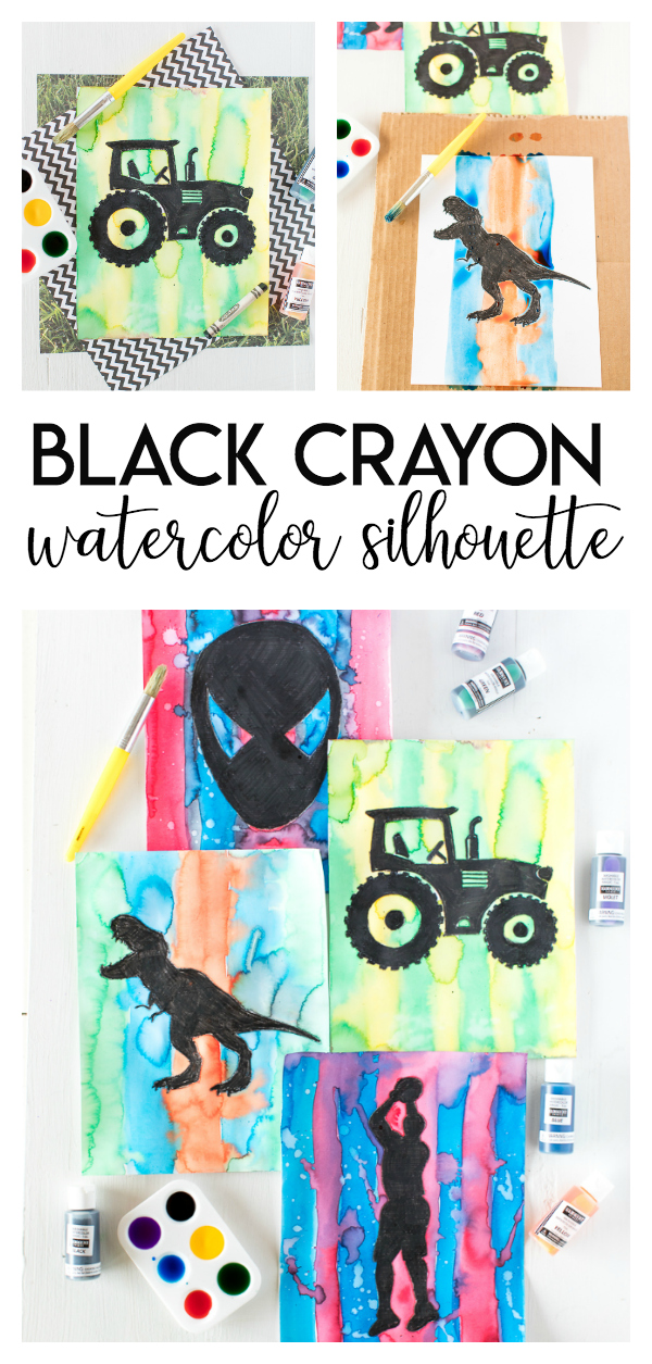 Black Crayon Watercolor Silhouettes are a fun and simple watercolor craft for kids! A black crayon, watercolor paints and a cut out stencil of your childs favorite character is all you need for a colorful piece of art.