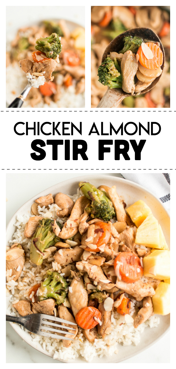 Chicken Almond Stir Fry: a delicious and quick family friendly meal filled with protein, veggies and a sweet pineapple sauce flavor! 