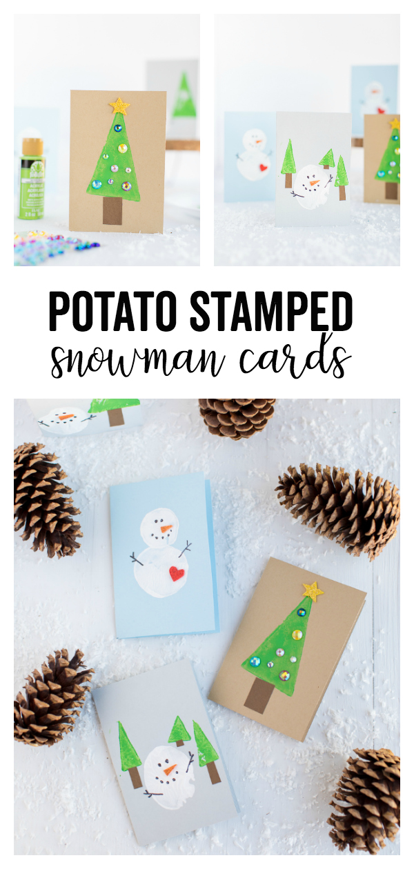 Potato Stamped Snowman Cards - a fun and festive DIY winter craft for kids! These potato stamped snowman cards make for a great gift for loved ones!