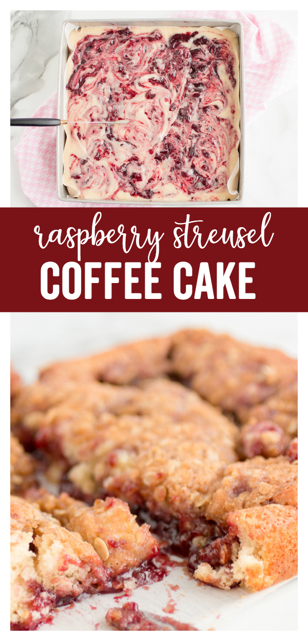 This Raspberry Streusel Coffee Cake is a delicious breakfast treat!  A yummy batter swirled with raspberry jam and topped with a crunchy oat and sugar topping. 
