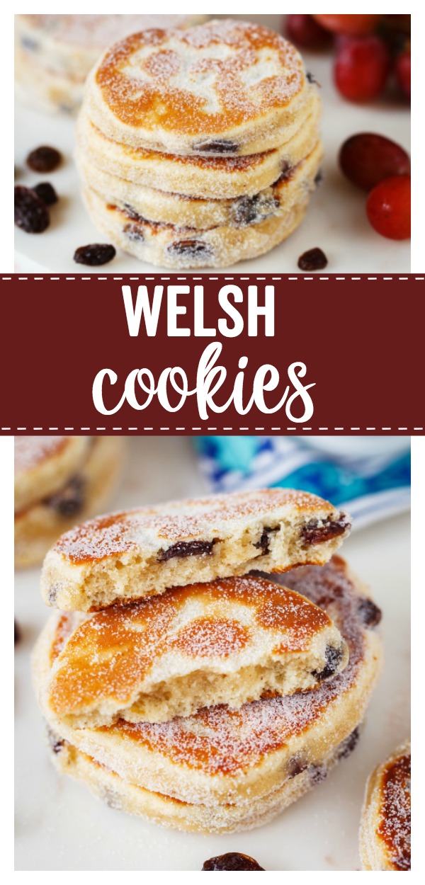 Welsh Cookies: a delicious pancake type cookie filled with currants, cooked on a griddle, and dusted with fine sugar. 