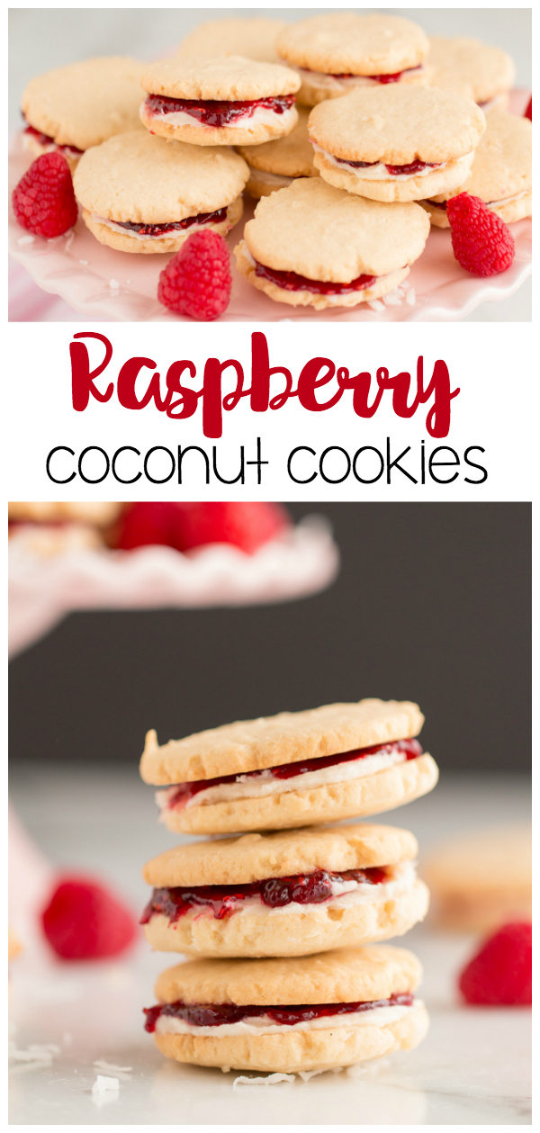 Raspberry Coconut Cookies: a delicious raspberry jam filled sandwich cookie with bits of sweet coconut flavor. A pretty cookie perfect for Valentines Day, cookie exchanges, and more!