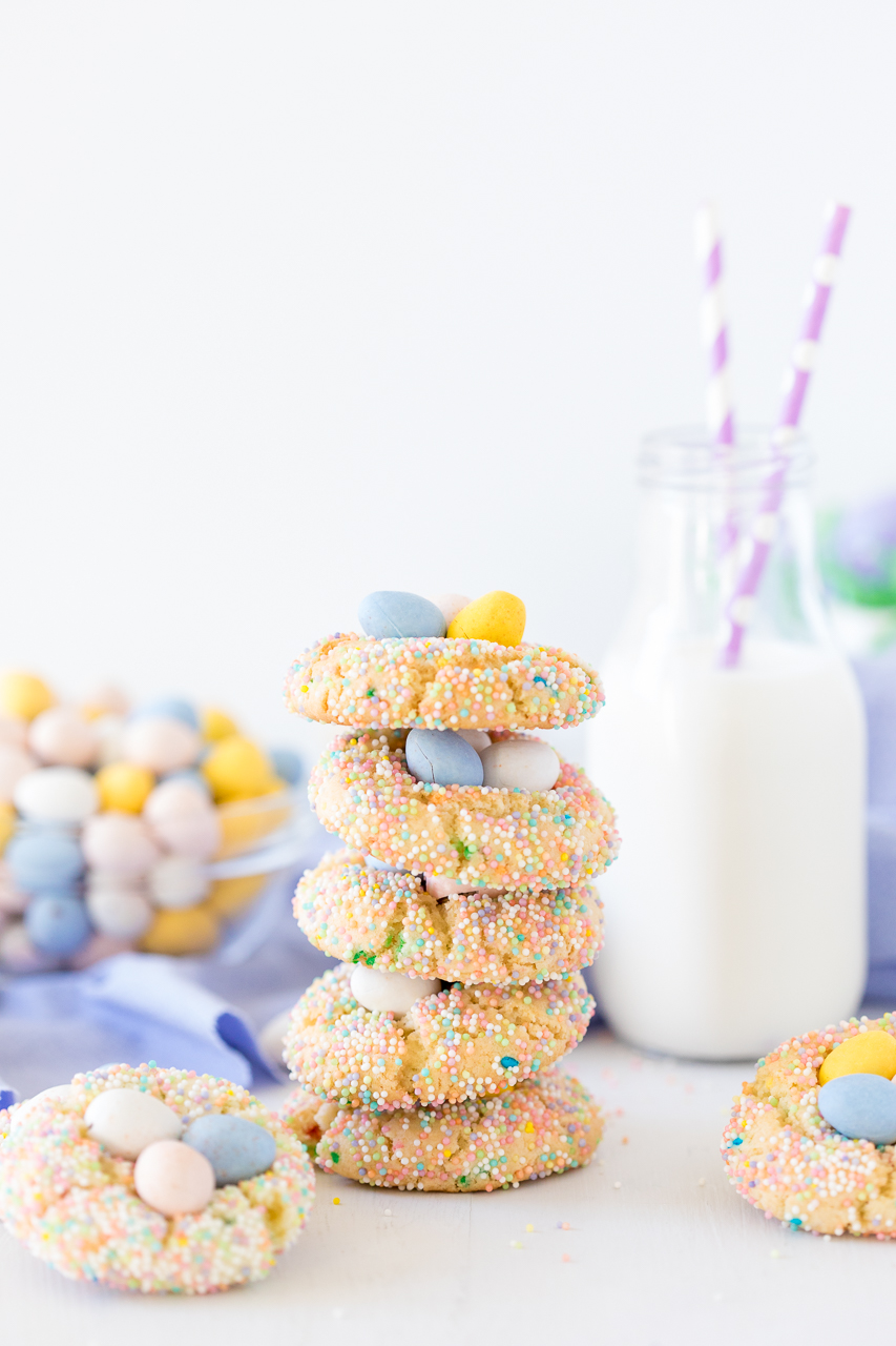 Birds Nest Funfetti Cookies are such a delicious and fun Easter egg treat!  Pastel sprinkles and Cadbury eggs make this a treat the kids will love to make and eat!