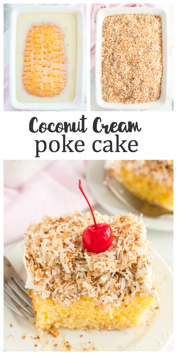 Coconut Cream Poke Cake: a delicious coconut cream poke cake filled with a coconut cream filling and topped with toasted coconut.  It's a delicious creamy and flavorful cake perfect for a crowd. 