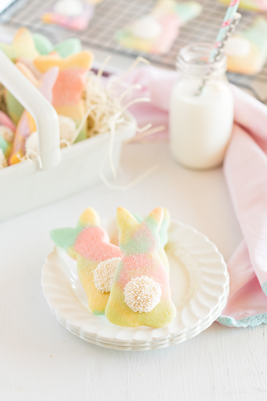 Easter Bunny Cut Out Cookies on white plate