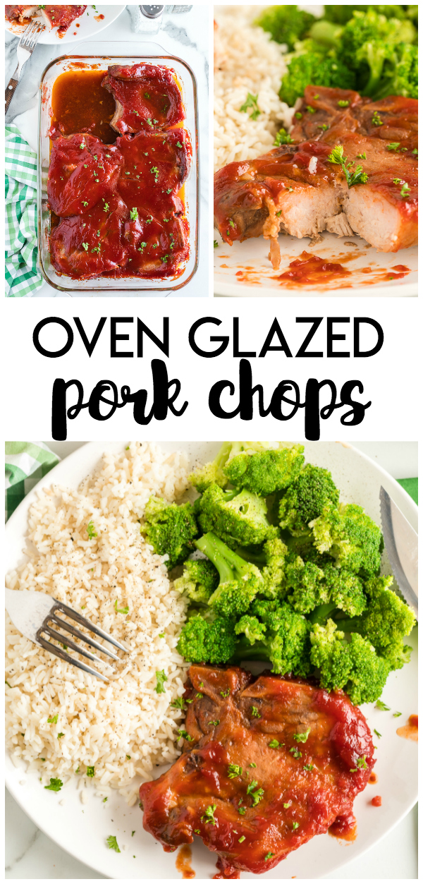 Oven Glazed Pork Chops: a delicious oven baked pork chop recipe that is marinated in a flavorful brown sugar marinade and then baked with a brown sugar and tomato based sauce. This recipe makes for a great weeknight meal!