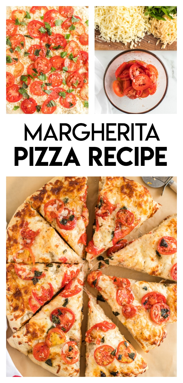 Margherita Pizza: a delicious homemade pizza full of flavor! Fresh tomatoes and basil are the key ingredients to this delicious and simple pizza recipe.