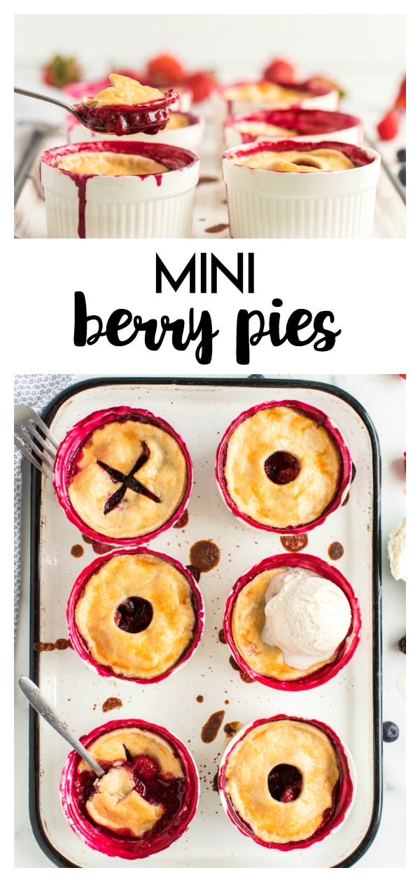 Mini Berry Pies: delicious mini pies that are filled with your favorite berries and topped with pie crust.   Baked to golden perfection in individual ramekins these make the perfect dessert. 