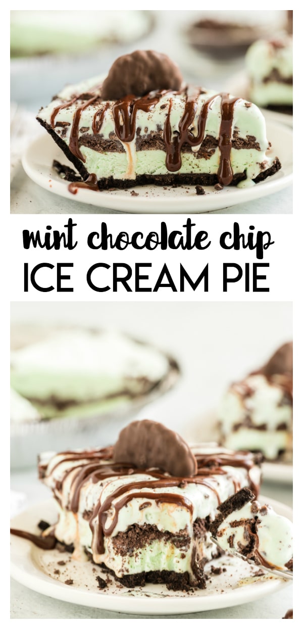 Mint Chocolate Chip Ice Cream Pie is a delicious three ingredient frozen treat that is layered with mint cookie crumbs and drizzled with chocolate!