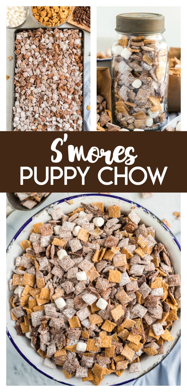 S'mores Puppy Chow:  chocolate and peanut butter coated cereal is mixed with mini marshmallows, graham crackers and chocolate for a delicious summer treat that's a twist from a classic puppy chow recipe. 