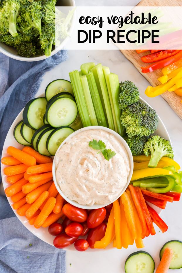 This Easy Vegetable Dip Recipe is packed with flavor and is a delicious way to eat more veggies- it's even kid approved! Serve with your favorite veggies- chips and pretzels are great too!