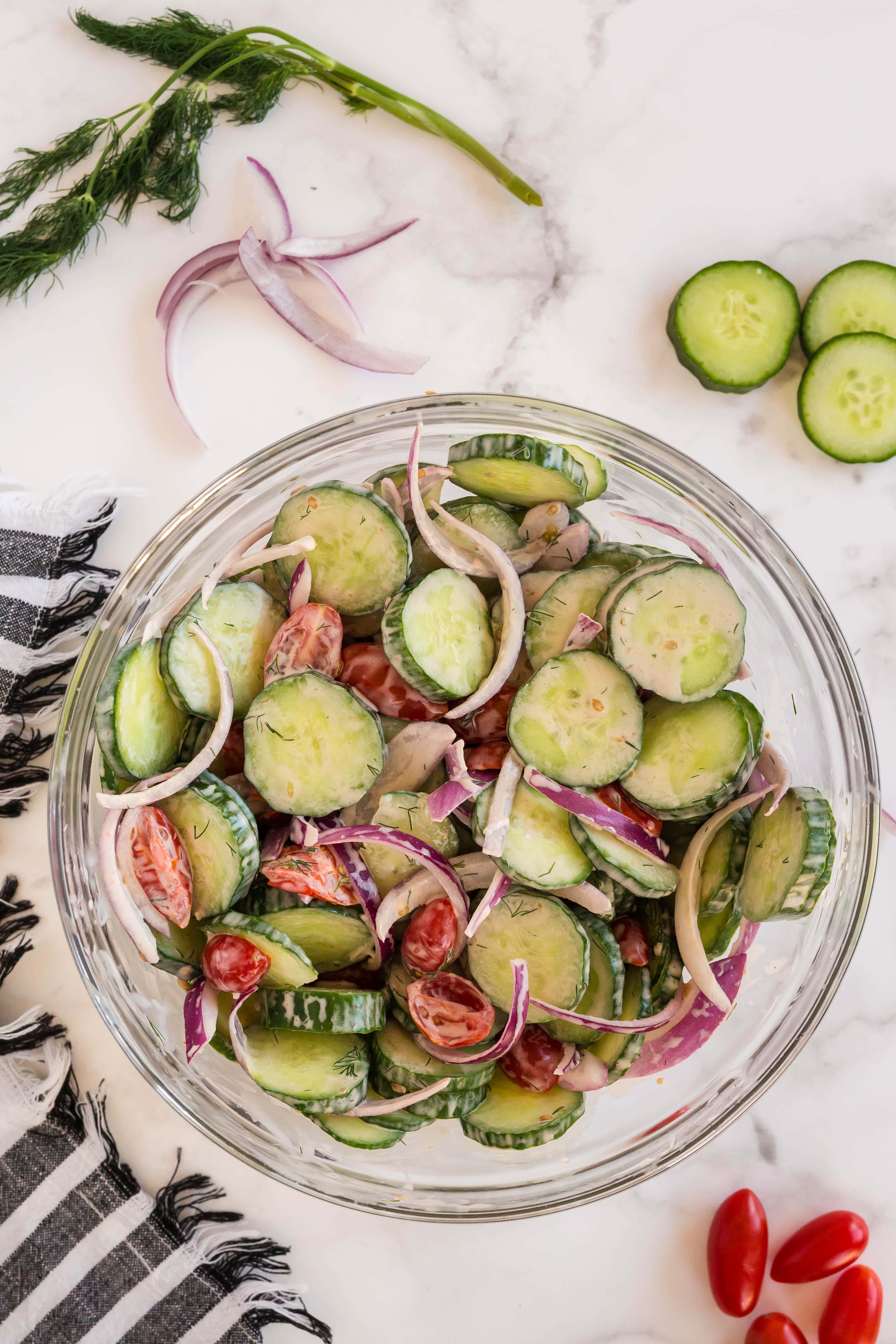 Cucumber Tomato Salad in a large bowl