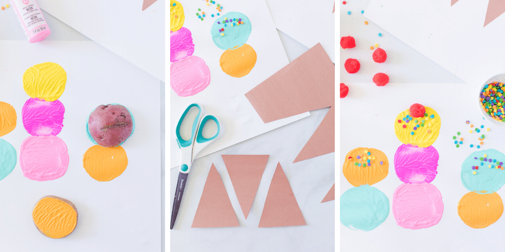 steps to make ice cream cone potato stamping art