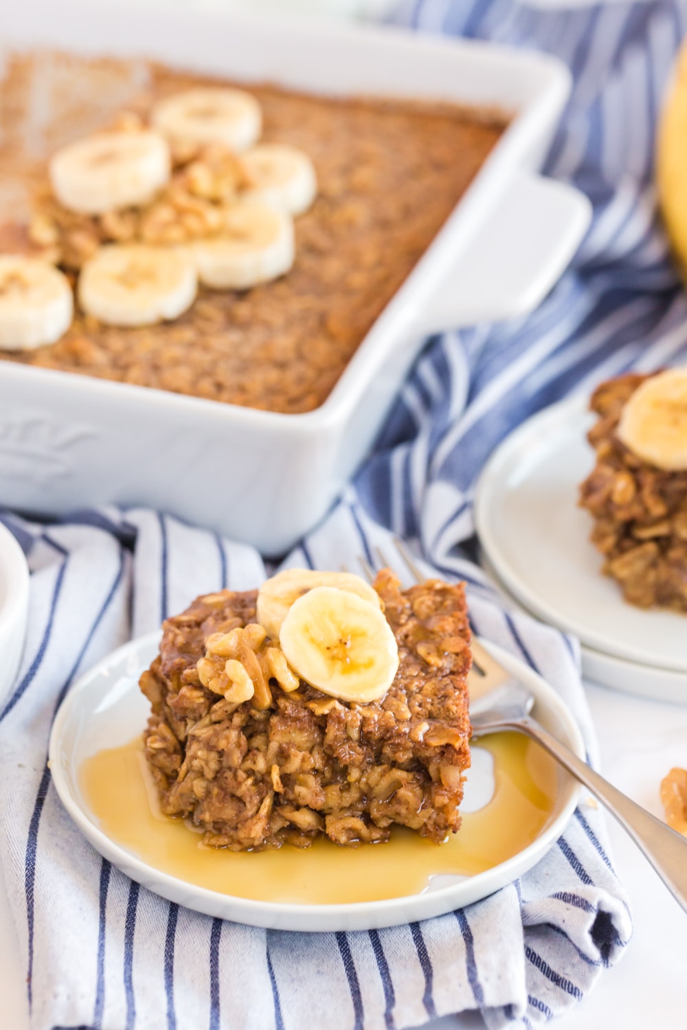 banana bread baked oatmeal topped with syrup