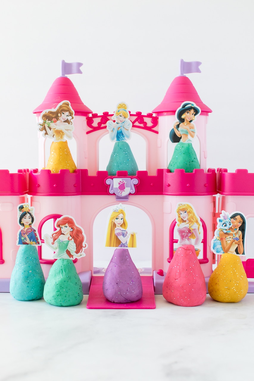 princess playdough characters on castle