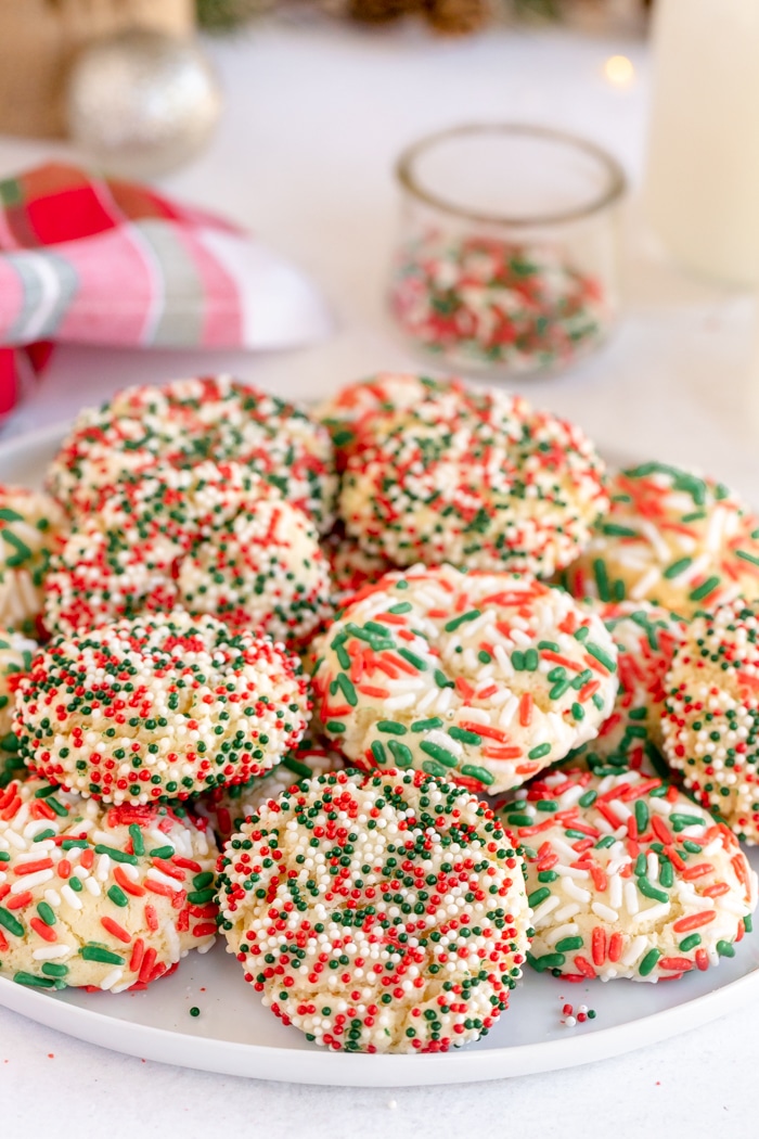 cake mix cookies rolled in sprinkles and baked