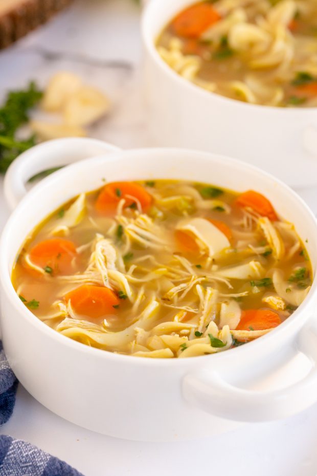 chicken noodle soup in serving bowl with parsley