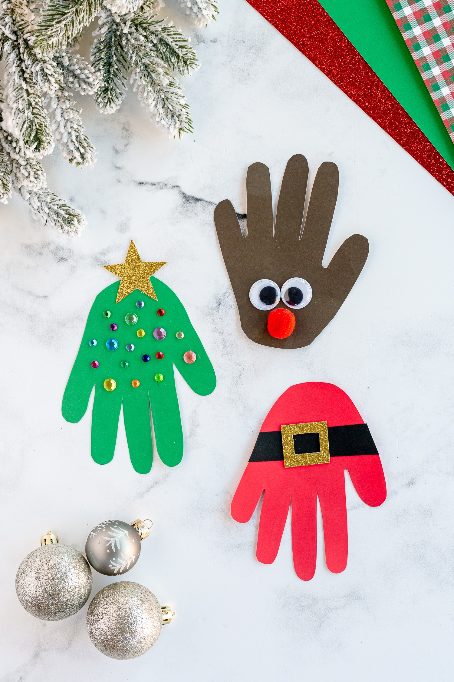 christmas handprint crafts - handprint santa, handprint christmas tree, handprint reindeer