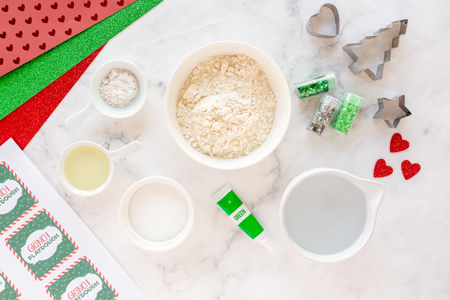 ingredients needed for grinch play dough in bowls