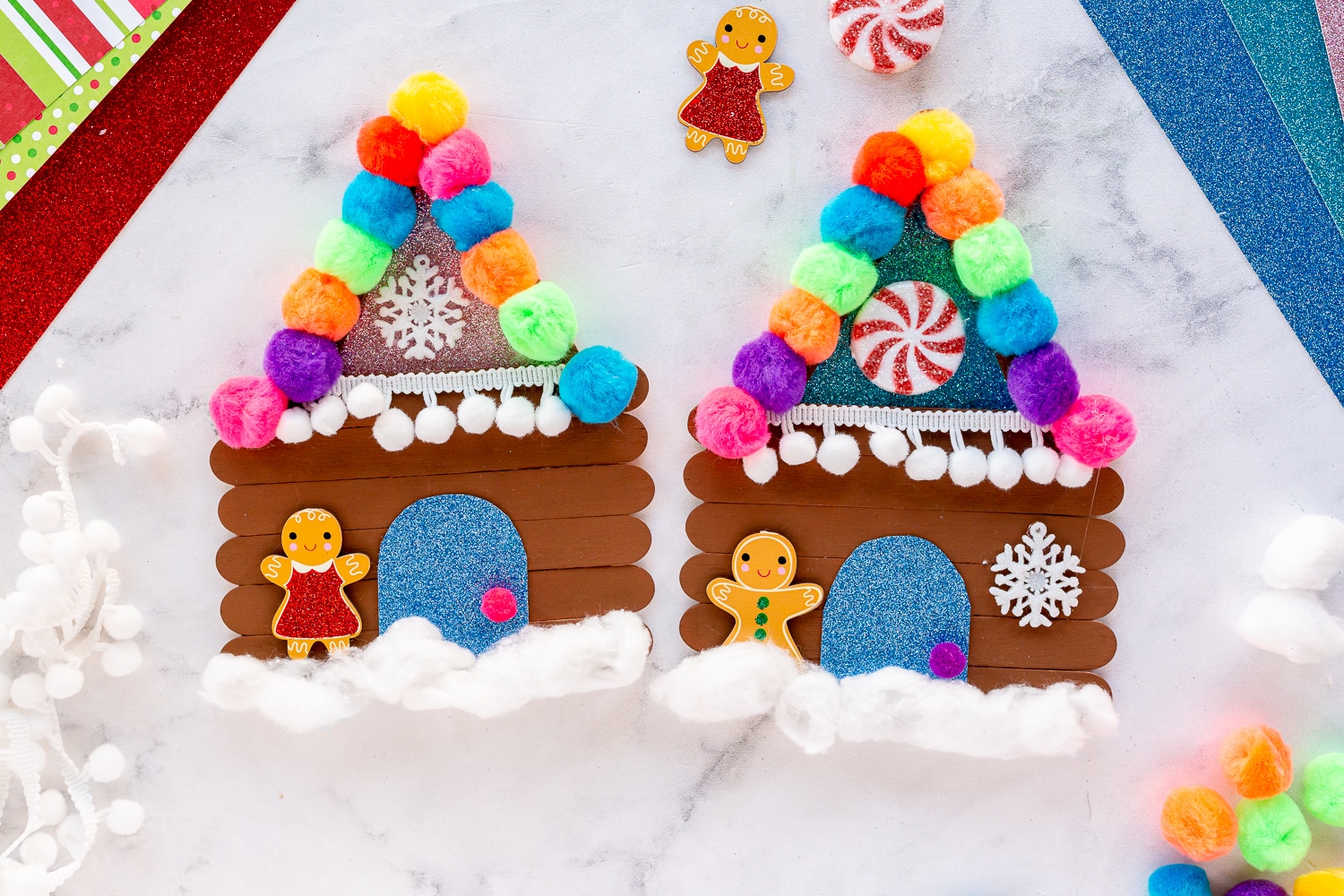 Popsicle Stick Gingerbread Houses with wooden girl and boy gingerbread men