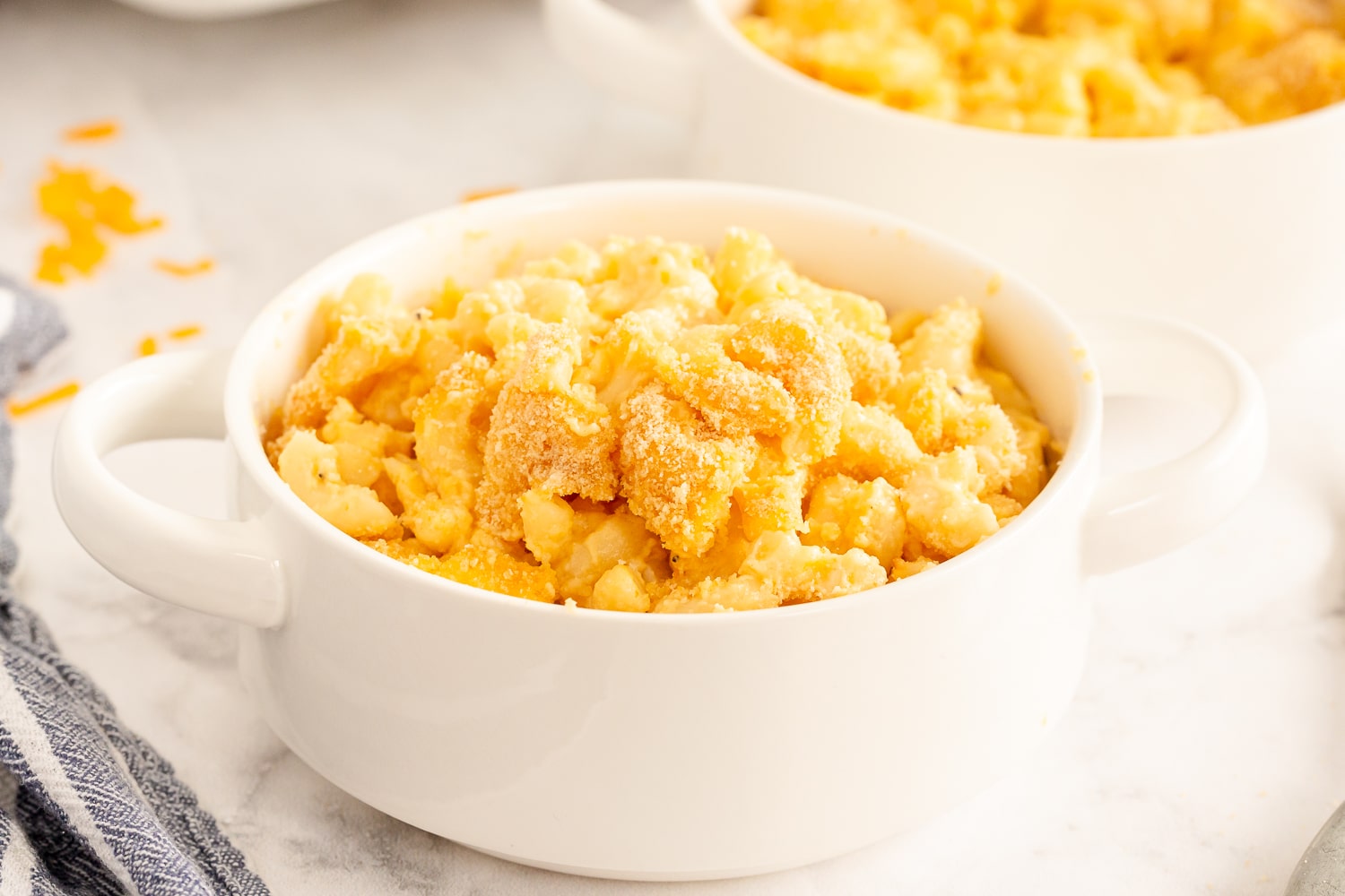 baked mac and cheese in white bowl