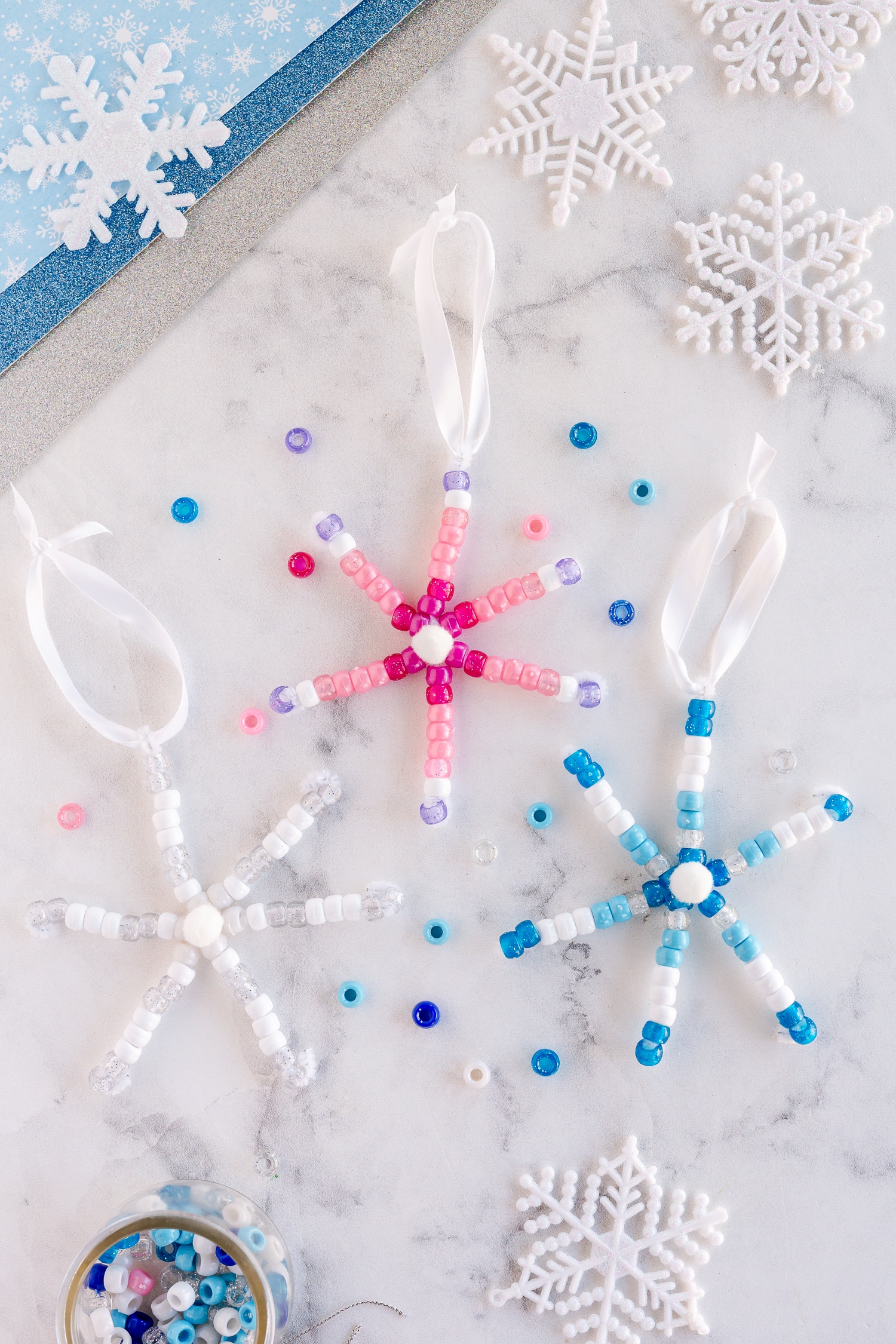 beaded snowflakes with hanging ribbon