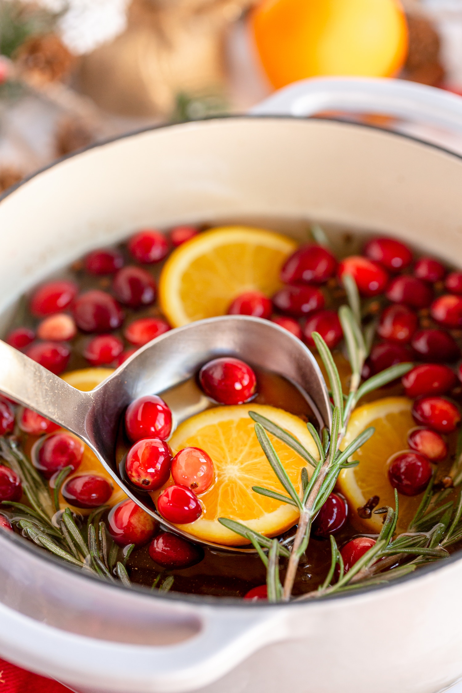 rosemary, cranberries, orange slices added to pot