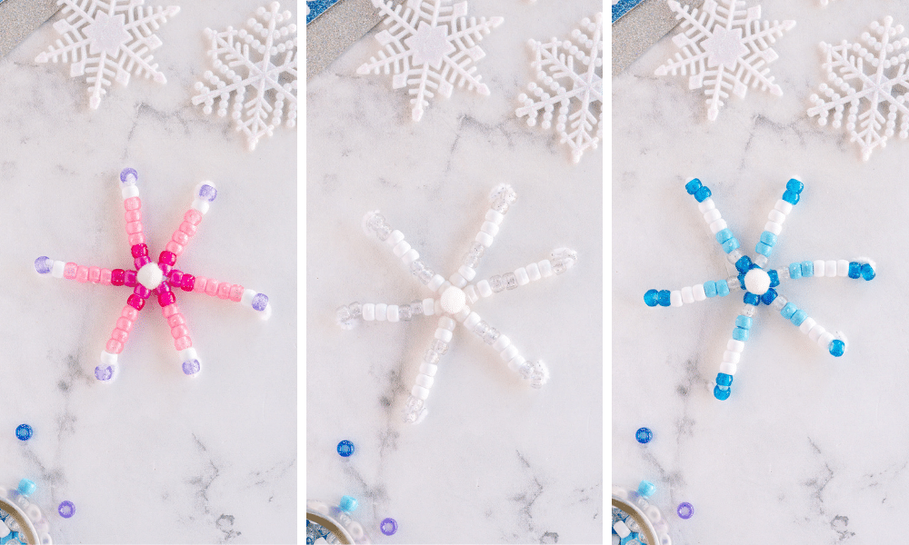 Beaded Snowflakes - pink, white and blue